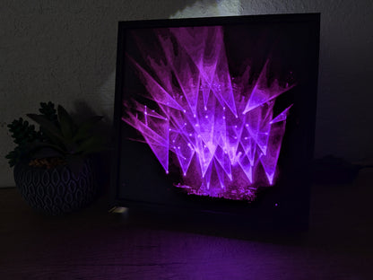 Illuminated Stash Project art piece featuring glowing purple lights in a 3D-printed design, showcasing Phish concert magic.