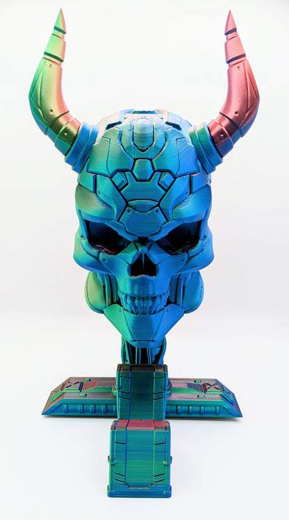 Demon skull headphone and game controller display with vibrant colors and horned design, perfect for gamers.